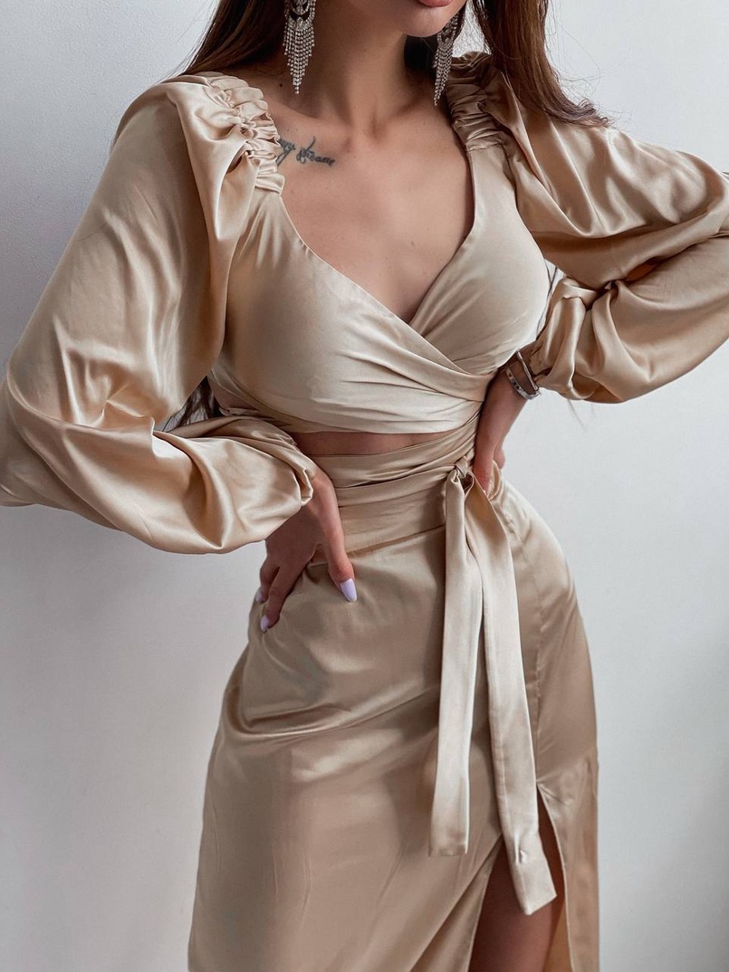 Шелковый комплект: топ с завязками на талии + юбка миди с разрезом  | PUSHKA SHOP