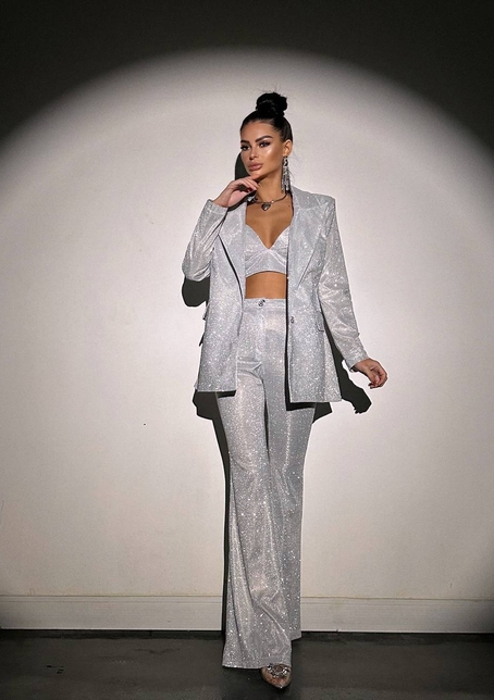 Костюм: піджак на підкладці, штани кльош+ топ з чашечками | PUSHKA SHOP