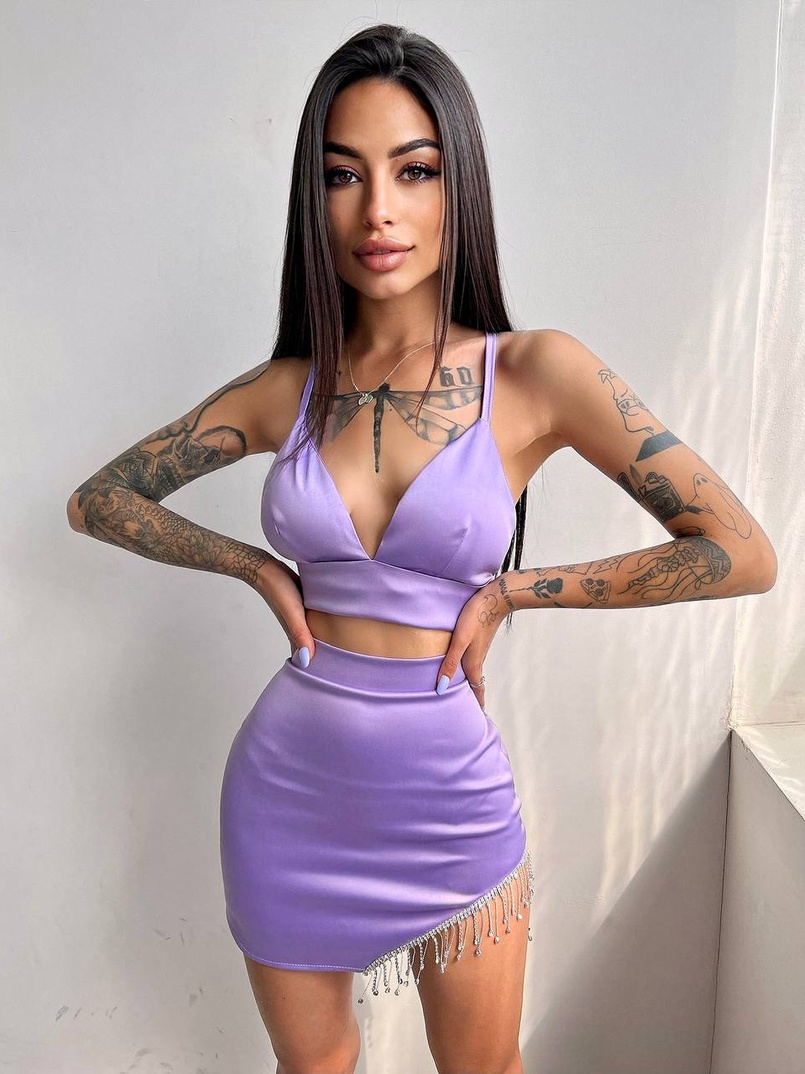 Комплект: топ с чашечками + юбка, декорированным бахромой из страз  | PUSHKA SHOP