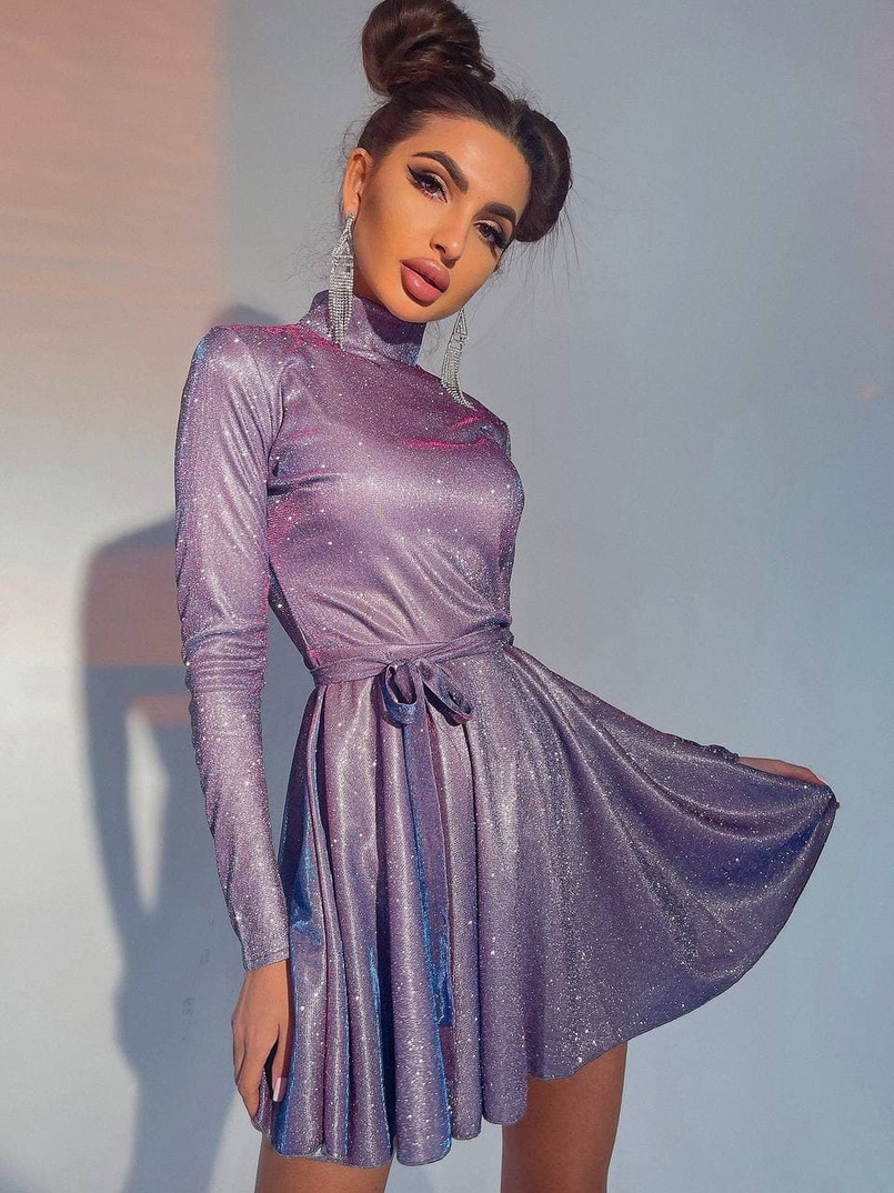 Блискуча сукня з розкльошеною спідницею та високим коміром | PUSHKA SHOP