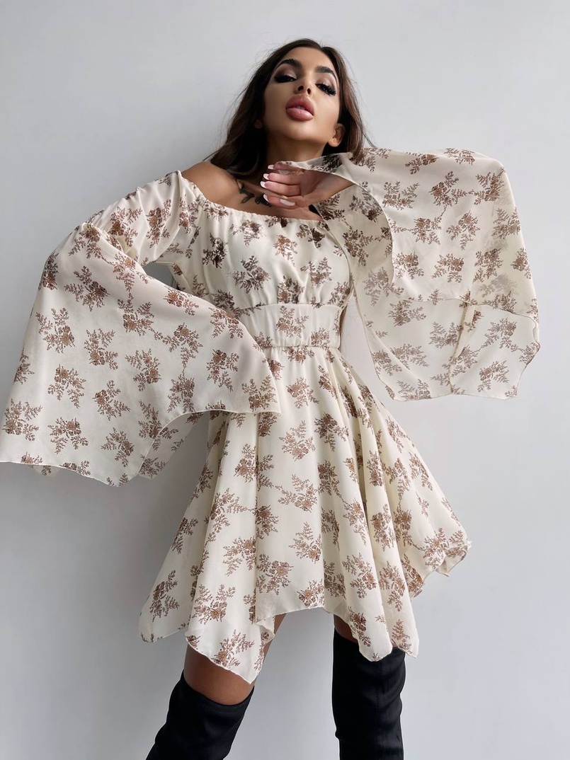 Шифонова сукня на підкладці з розкльошеними рукавами з асиметричною спідницею + корсет декорований стразами  | PUSHKA SHOP