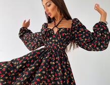 Цветочное платье с пышной юбкой и завязками на груди Цветочное платье с пышной юбкой и завязками на груди | PUSHKA SHOP