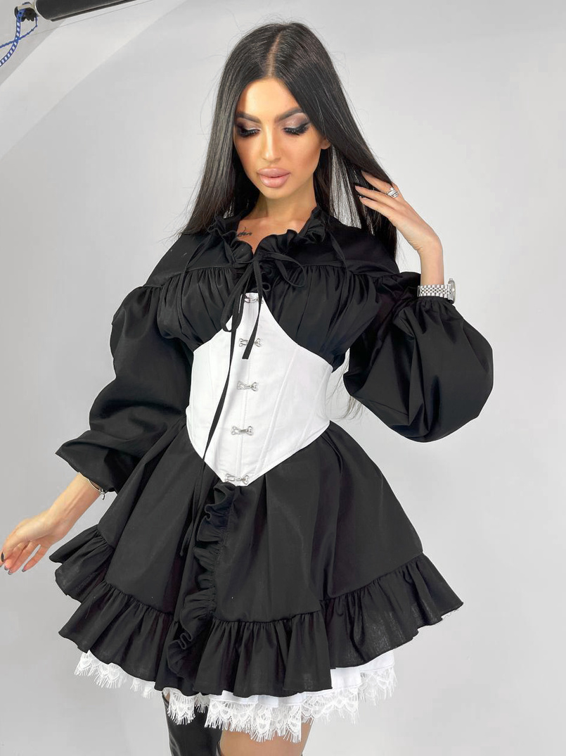 Хлопковое платье в комплекте с подьюбником и корсетом, декорированном крючками  | PUSHKA SHOP