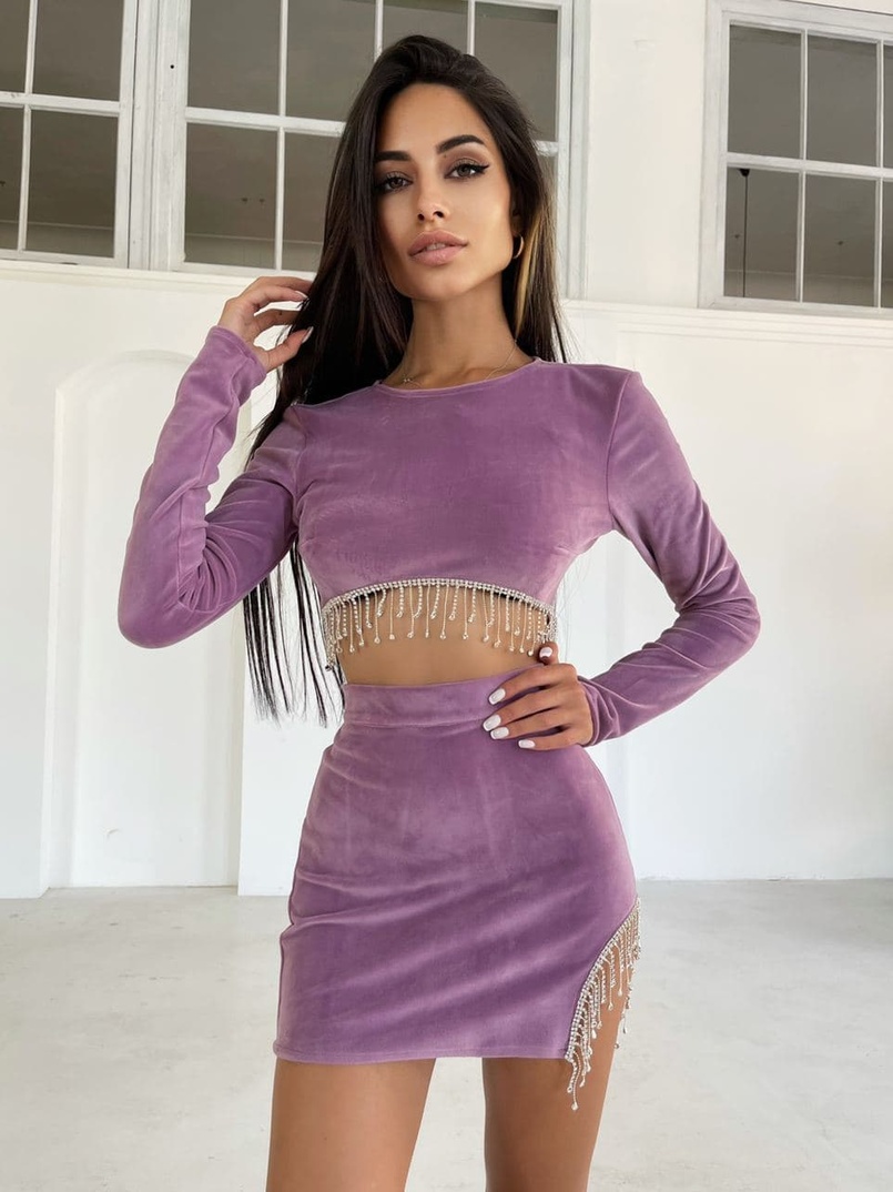 Бархатный костюм, декорированный  бахромой из страз  | PUSHKA SHOP