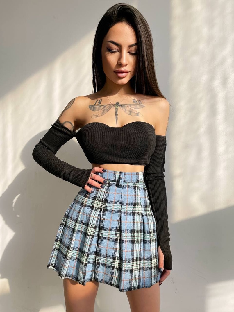 Комплект: трикотажный топ с чашечками push up + юбка в складку   Комплект: трикотажный топ с чашечками push up + юбка в складку   | PUSHKA SHOP