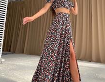 Цветочный комплект: топ с завязками на груди + юбка-макси с разрезом  | PUSHKA SHOP