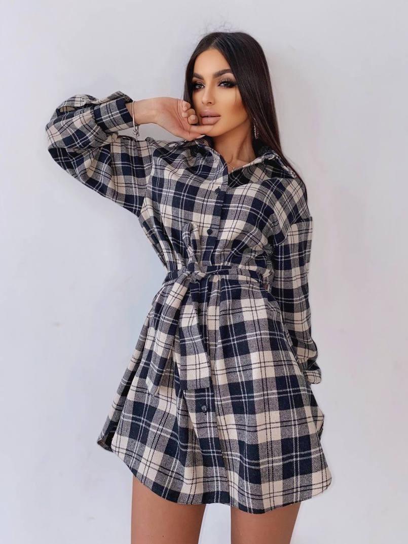 Коттоновое платье-рубашка в клетку Коттоновое платье-рубашка в клетку | PUSHKA SHOP