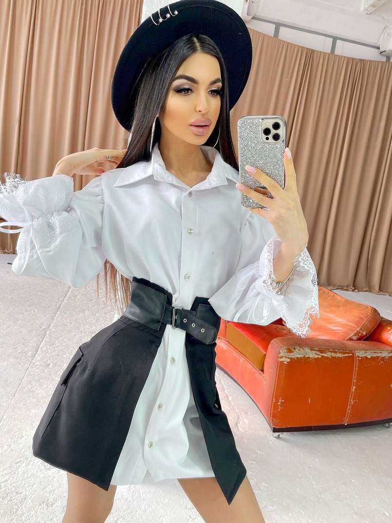 Платье-рубашка с объёмными рукавами, декорированными кружевом и юбка с карманами и элементами из эко-кожи  | PUSHKA SHOP