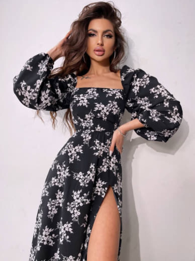 Квіткова сукня-міді зі шнурівкою на спинці та розрізом на ніжці | PUSHKA SHOP