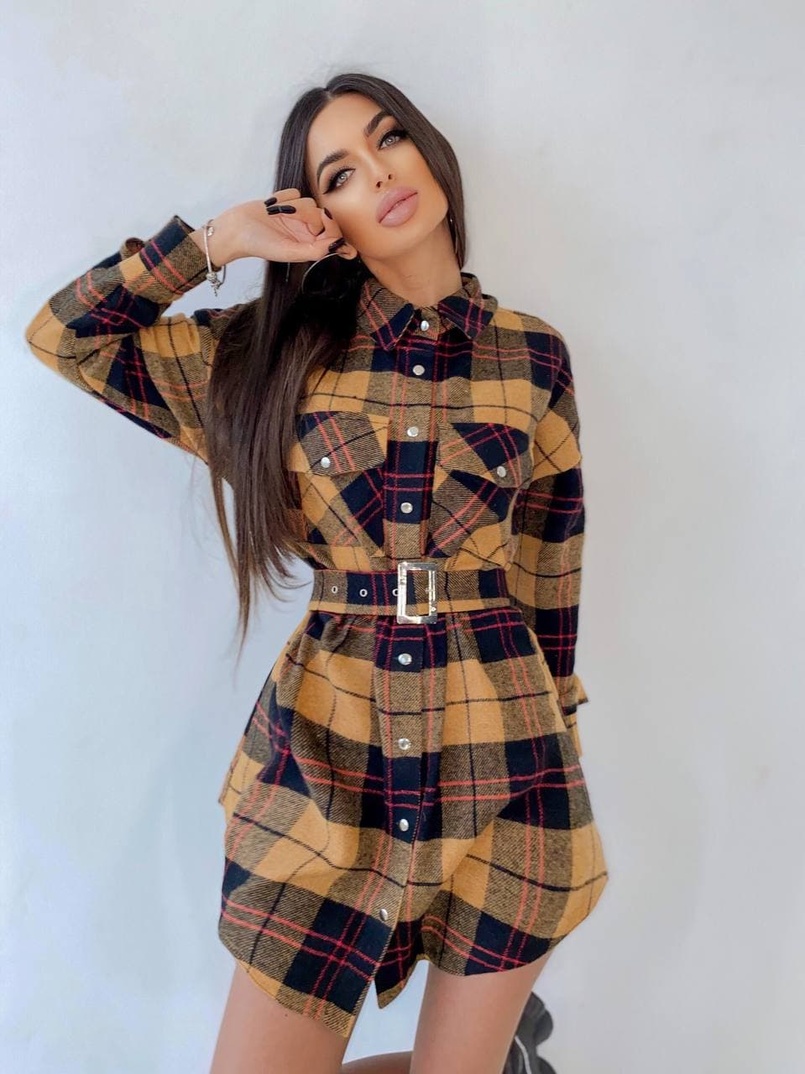 Кашемировое платье-рубашка в клетку | PUSHKA SHOP