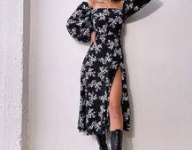 Квіткова сукня-міді зі шнурівкою на спинці та розрізом на ніжці | PUSHKA SHOP