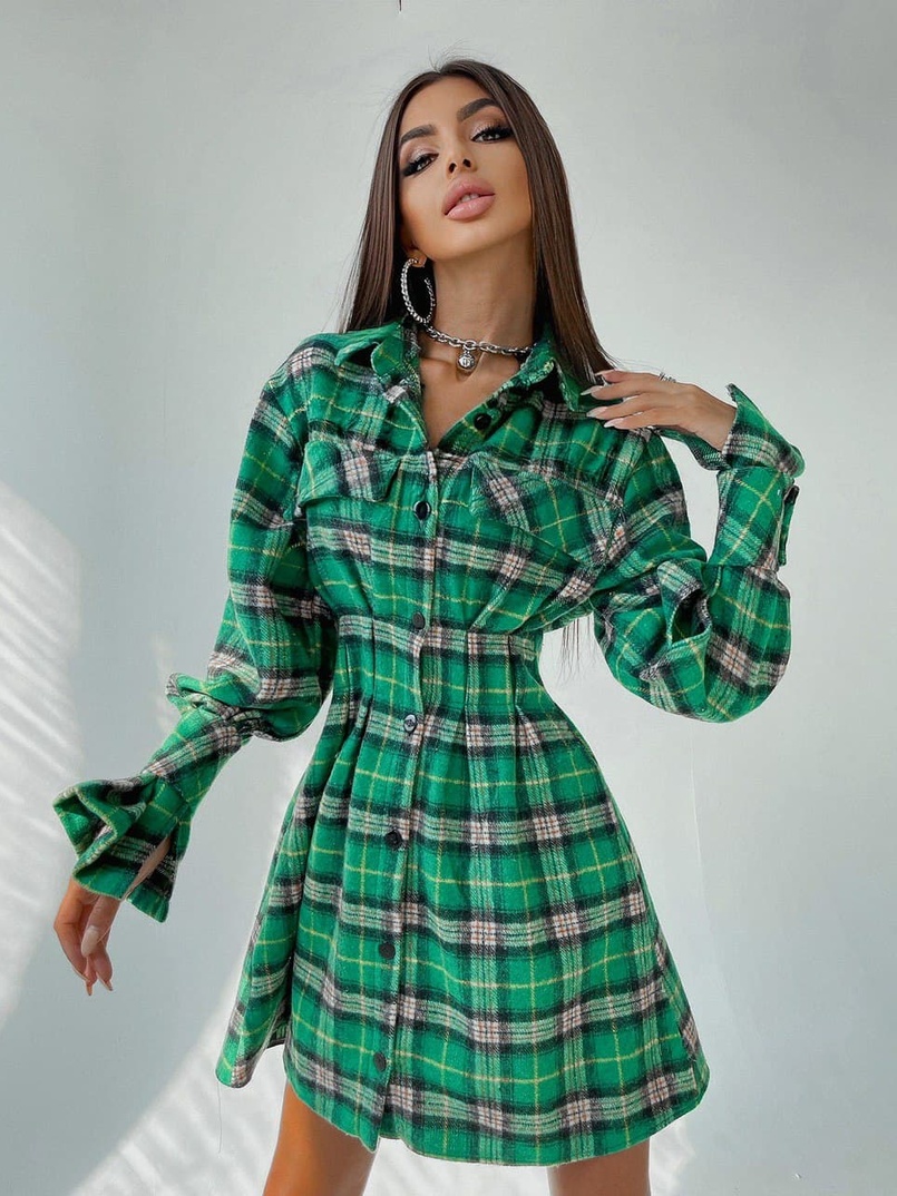 Кашемировое приталенное платье-рубашка в клетку | PUSHKA SHOP