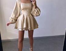 Атласна корсетна сукня з пишною подвійною спідницею та об‘ємними рукавами | PUSHKA SHOP