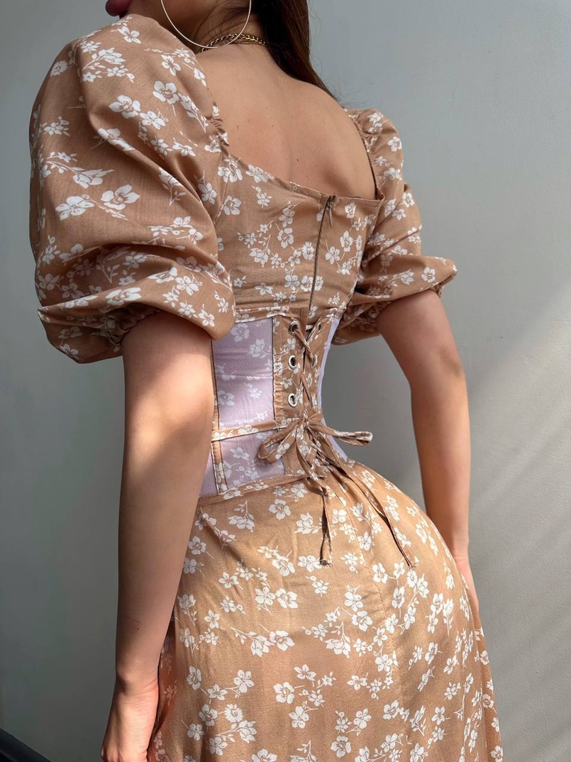 Сукня міді з розрізом в квітковий принт + прозорий корсет  | PUSHKA SHOP