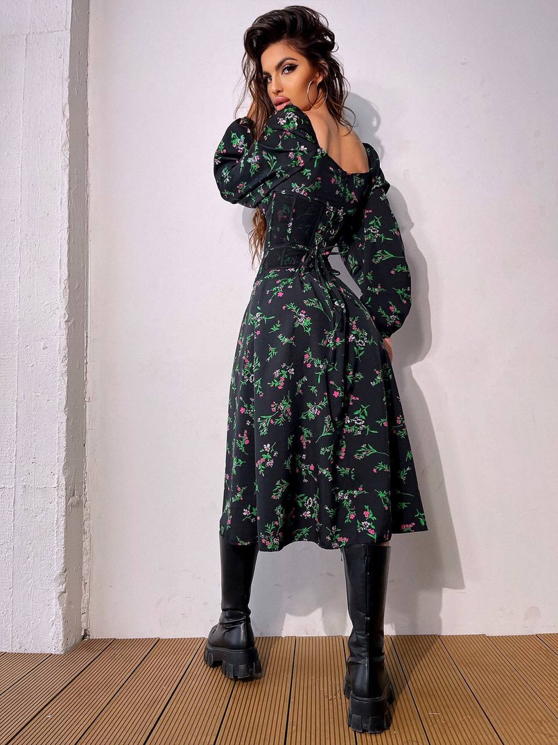 Сукня міді з розрізом в квітковий принт + прозорий корсет  | PUSHKA SHOP