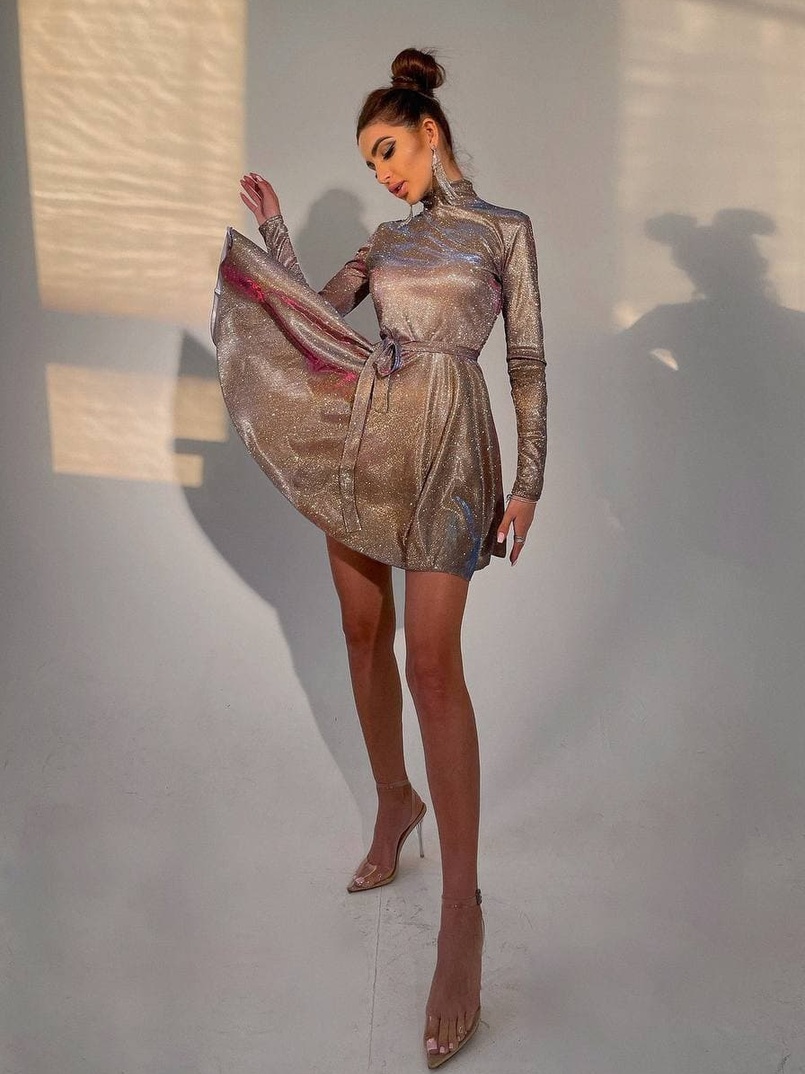 Блискуча сукня з розкльошеною спідницею та високим коміром | PUSHKA SHOP