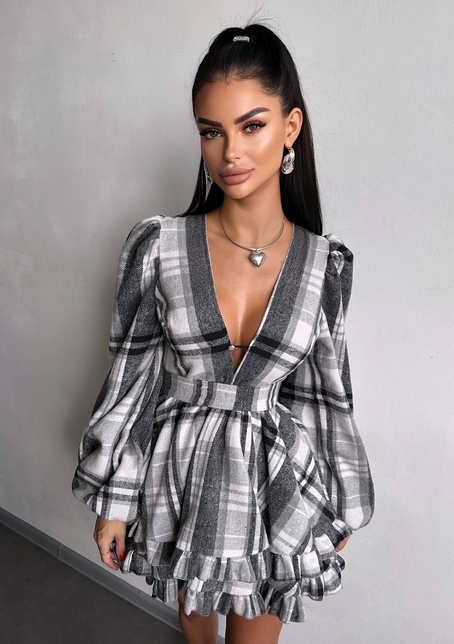 Сукня з подвійною спідницею та обʼємними рукавами у клітинку  Сукня з подвійною спідницею та обʼємними рукавами у клітинку  | PUSHKA SHOP