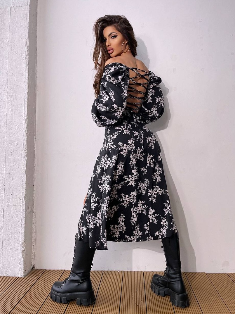 Квіткова сукня-міді зі шнурівкою на спинці та розрізом на ніжці | PUSHKA SHOP