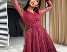 Блестящее платье-мини с пышной юбкой и завязками на талии Блестящее платье-мини с пышной юбкой и завязками на талии | PUSHKA SHOP