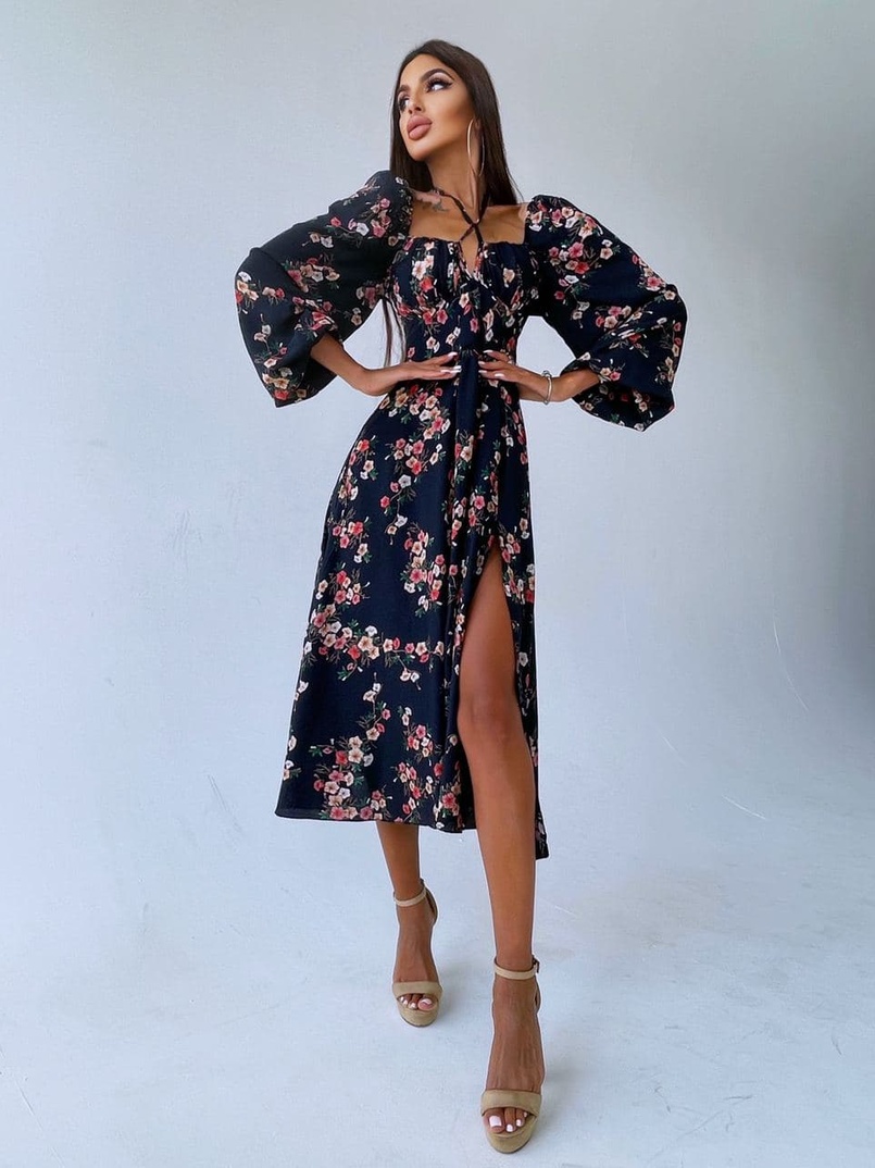 Цветочное платье миди с завязками на груди  | PUSHKA SHOP