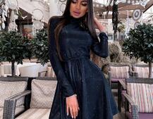 Блестящее платье с расклешенной юбкой и высоким воротом Блестящее платье с расклешенной юбкой и высоким воротом | PUSHKA SHOP