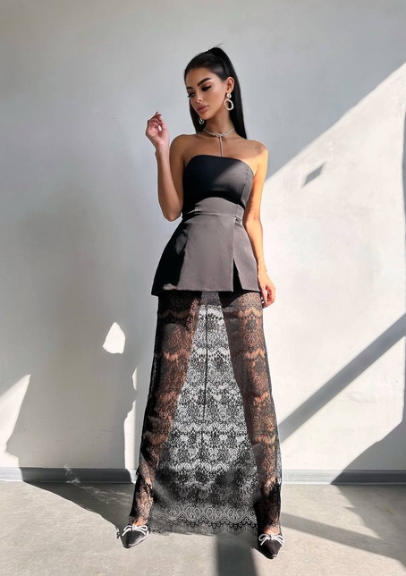 Комплект: піджак + блуза з баской + мереживна спідниця-шорти  | PUSHKA SHOP