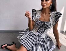 Сукня в клітинку декорована мереживом  | PUSHKA SHOP