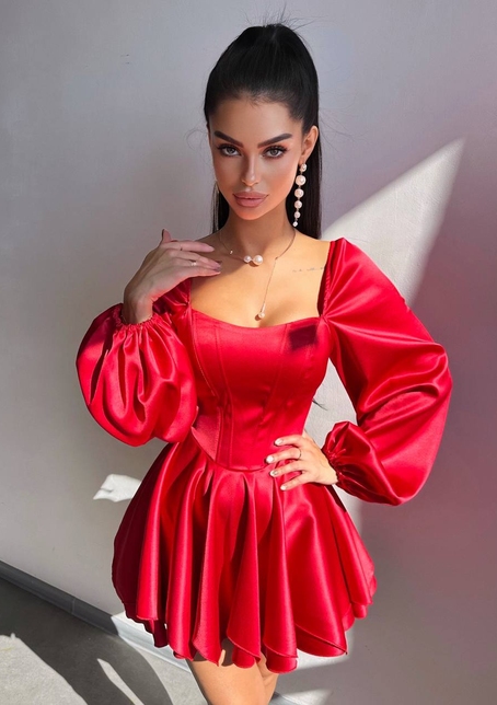 Атласна корсетна сукня з пишною подвійною спідницею та об‘ємними рукавами Атласна корсетна сукня з пишною подвійною спідницею та об‘ємними рукавами | PUSHKA SHOP