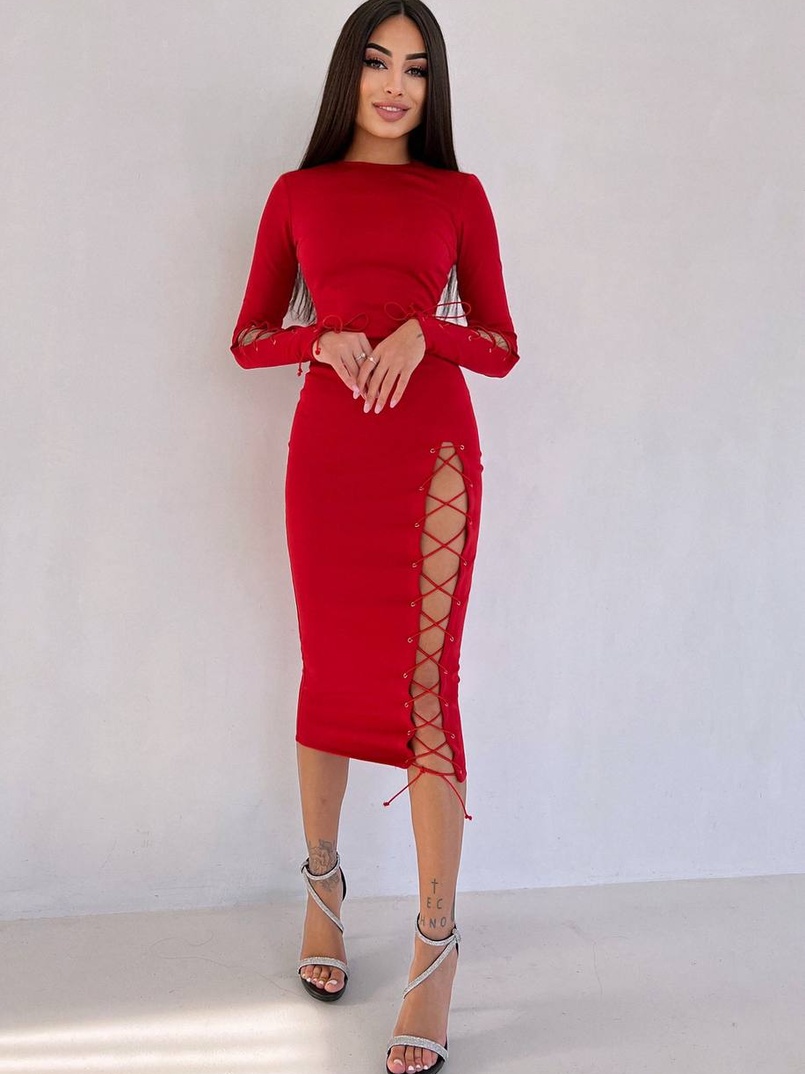 Сукня міді зі шнурівкою на ніжці та на рукавах | PUSHKA SHOP