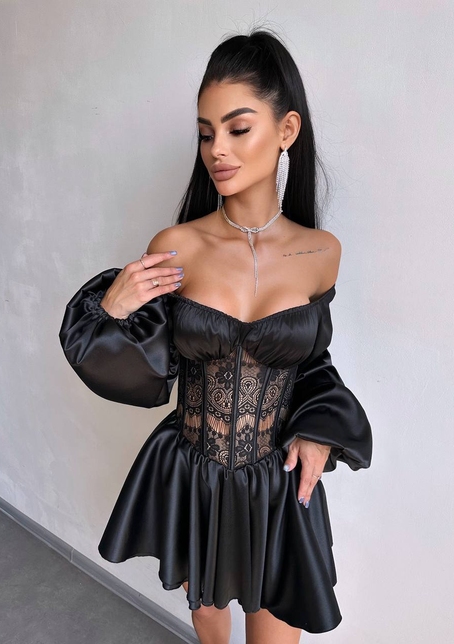 Атласна сукня з обʼємними рукавами та мереживом | PUSHKA SHOP