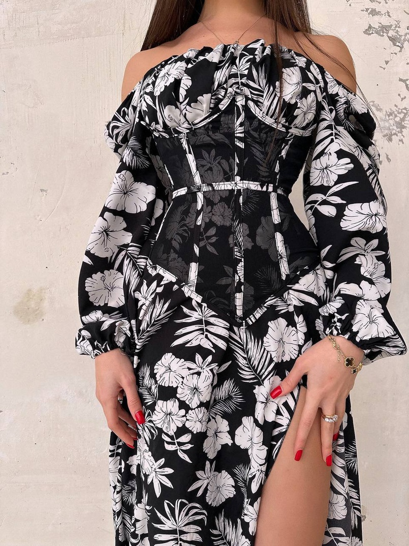 Сукня міді з розрізом в квітковий принт + прозорий корсет  | PUSHKA SHOP