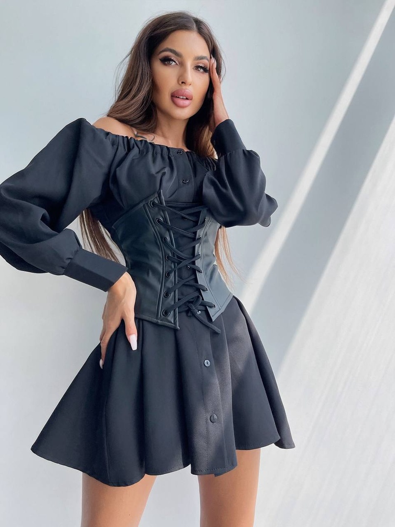 Приталена сукня-сорочка на плічках з корсетом з еко-шкіри Приталена сукня-сорочка на плічках з корсетом з еко-шкіри | PUSHKA SHOP