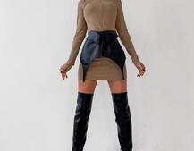 Трикотажное платье гольф с мини юбкой-корсетом из эко-кожи | PUSHKA SHOP