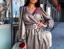 Платье-мини с широким поясом из голографического трикотажа с люрексом Платье-мини с широким поясом из голографического трикотажа с люрексом | PUSHKA SHOP