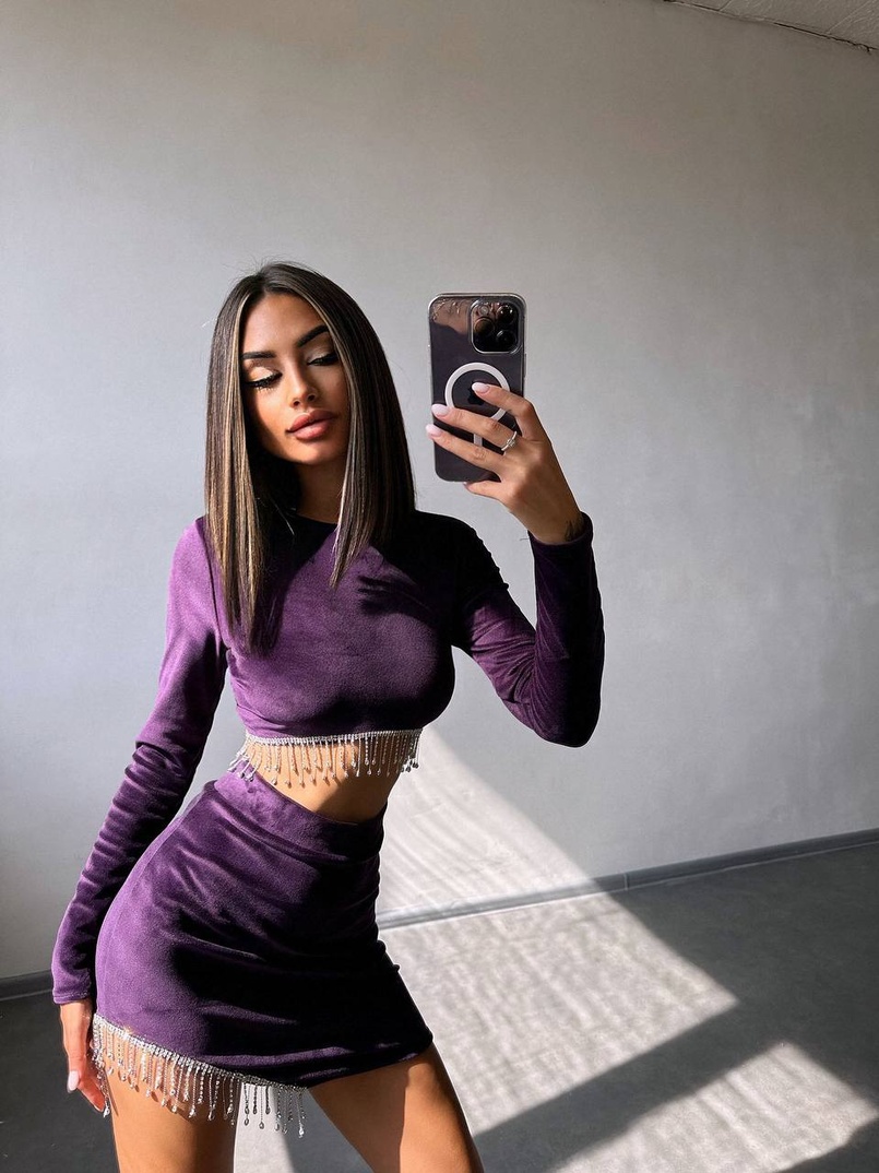 Оксамитовий комплект, декорований бахромою зі страз Оксамитовий комплект, декорований бахромою зі страз | PUSHKA SHOP