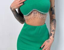 Комплект: топ з бахромою зі страз та спідниця з розрізом Комплект: топ з бахромою зі страз та спідниця з розрізом | PUSHKA SHOP