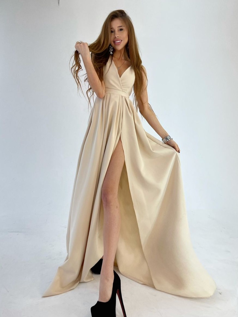 Платье макси с разрезом на юбке и запахом на груди   | PUSHKA SHOP