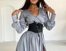 Шелковое платье  с разрезом  + корсет из эко-кож Шелковое платье  с разрезом  + корсет из эко-кож | PUSHKA SHOP