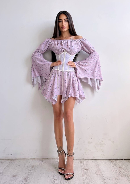 Сукня асиметричного крою з розкльошеними рукавами + корсет декорований стразами Ручна робота | PUSHKA SHOP