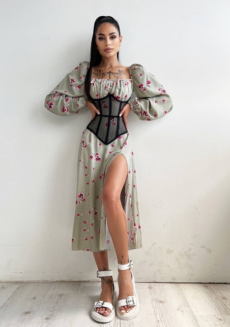 Сукня міді з розрізом в квітковий принт + прозорий корсет  | PUSHKA SHOP