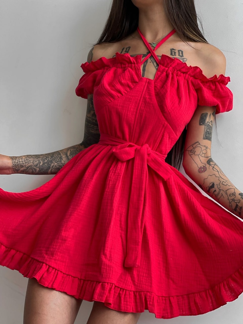 Муслиновое платье мини с корсетной вставкой на талии с косточками  Муслиновое платье мини с корсетной вставкой на талии с косточками  | PUSHKA SHOP