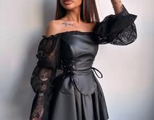 Корсетна сукня з еко-шкіри з мереживними рукавами | PUSHKA SHOP