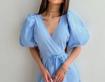 Льняное платье-миди с запахом и объемными рукавами  | PUSHKA SHOP