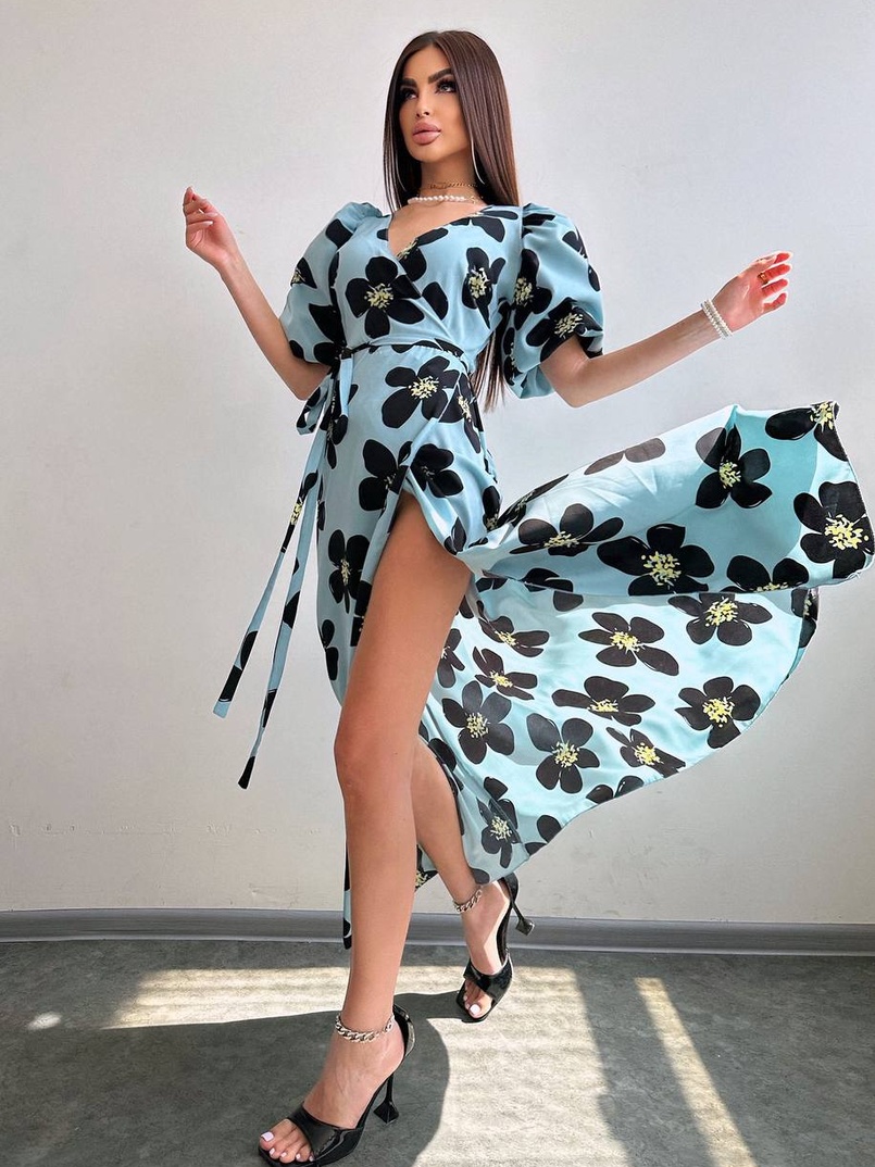 Сукня міді  із запахом та об'ємними рукавами | PUSHKA SHOP