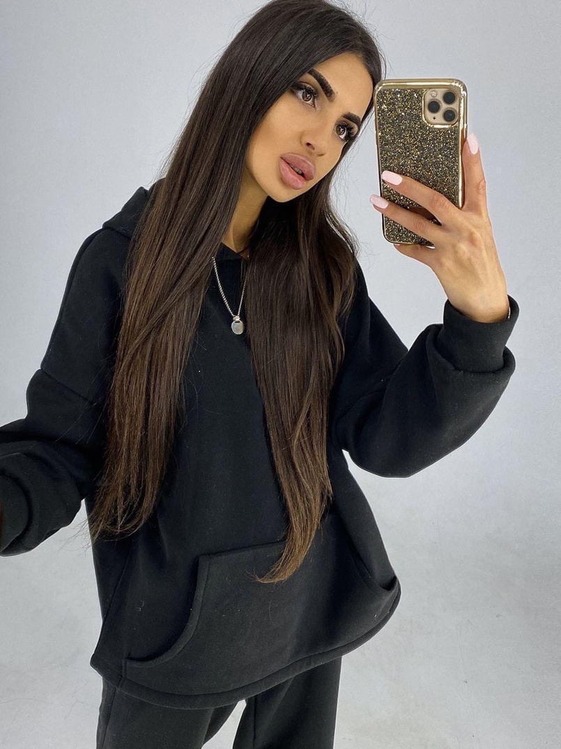 Черный oversize костюм с худи и расклешенными брюками Черный oversize костюм с худи и расклешенными брюками | PUSHKA SHOP