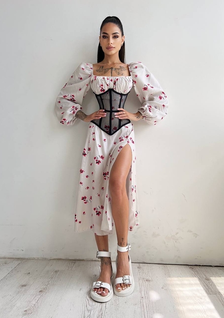 Сукня міді з розрізом в квітковий принт + прозорий корсет  | PUSHKA SHOP
