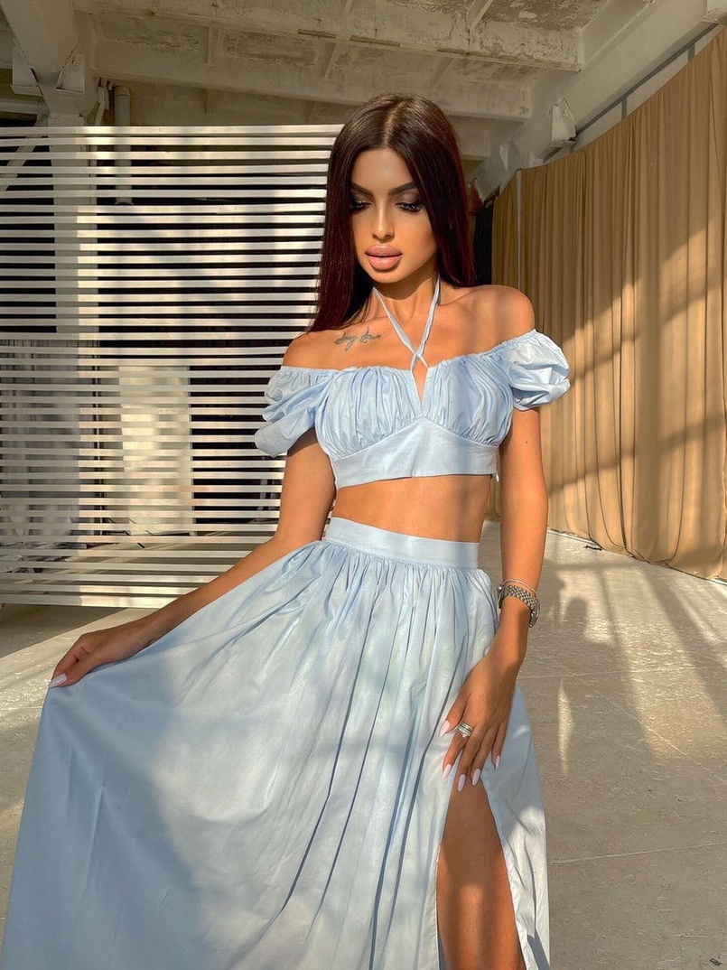 Комплект из хлопка: топ с завязками на груди + юбка-миди с разрезом  Комплект из хлопка: топ с завязками на груди + юбка-миди с разрезом  | PUSHKA SHOP