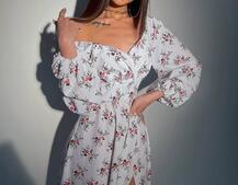 Цветочное платье-миди с разрезом и объемными рукавами | PUSHKA SHOP