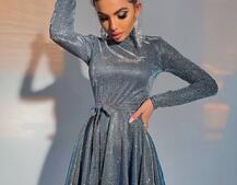 Блискуча сукня з розкльошеною спідницею та високим коміром | PUSHKA SHOP