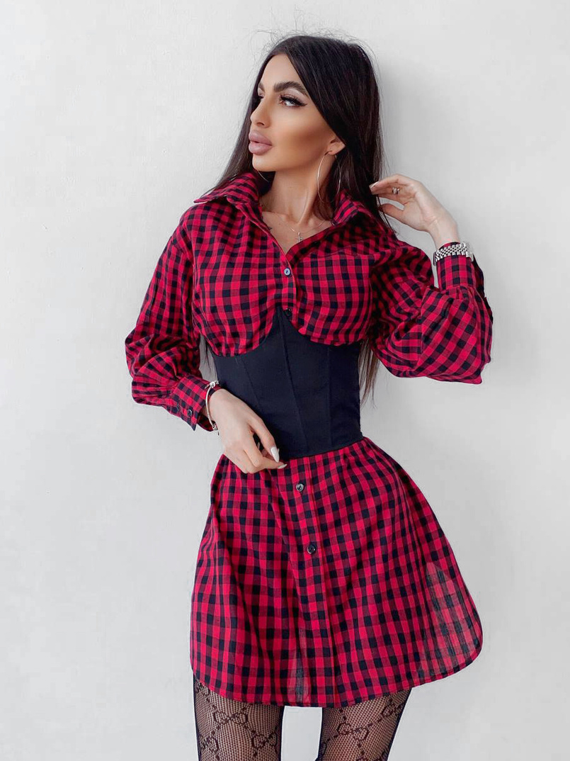 Платье-рубашка в клетку с корсетом на косточках со шнуровкой Платье-рубашка в клетку с корсетом на косточках со шнуровкой | PUSHKA SHOP